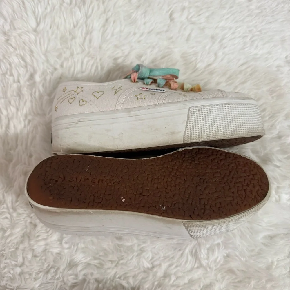 Superga White Platform Sneakers with Multicolor Laces Size 6